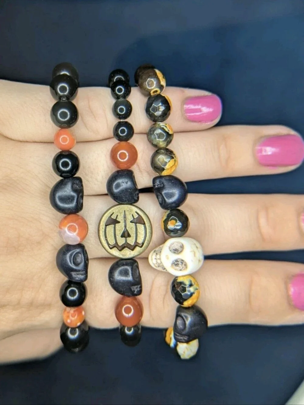 Halloween Themed Handmade Beaded Elastic Bracelet Lot Of 3